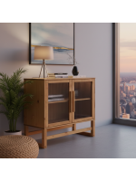 BALCÃO com vidro canelado em cera com toque acetinado natural DE MADEIRA MACIÇA com 2 PORTAS e prateleira interna / coleção Acapulco